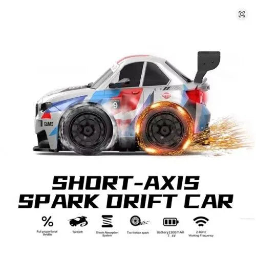 High-Speed RC Drift Car with Spark Effect | Short Axis 2.4GHz Remote Control Racing Toy with LED Lights & Replaceable Drift Tyres for Kids & Adults