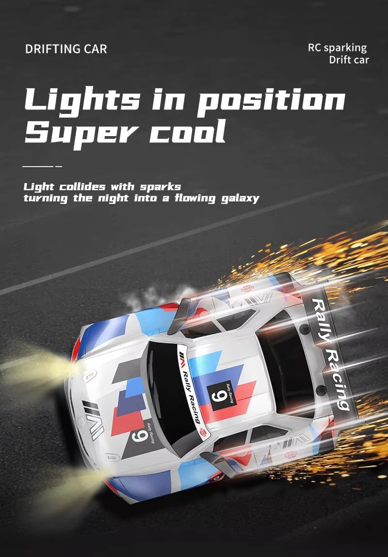High-Speed RC Drift Car with Spark Effect | Short Axis 2.4GHz Remote Control Racing Toy with LED Lights & Replaceable Drift Tyres for Kids & Adults