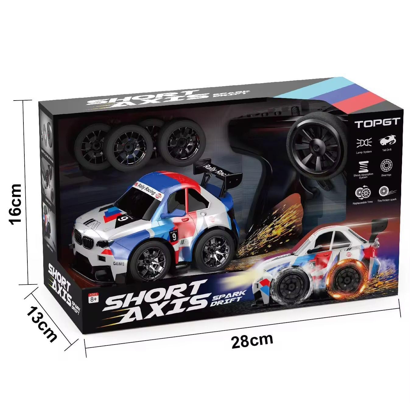 High-Speed RC Drift Car with Spark Effect | Short Axis 2.4GHz Remote Control Racing Toy with LED Lights & Replaceable Drift Tyres for Kids & Adults