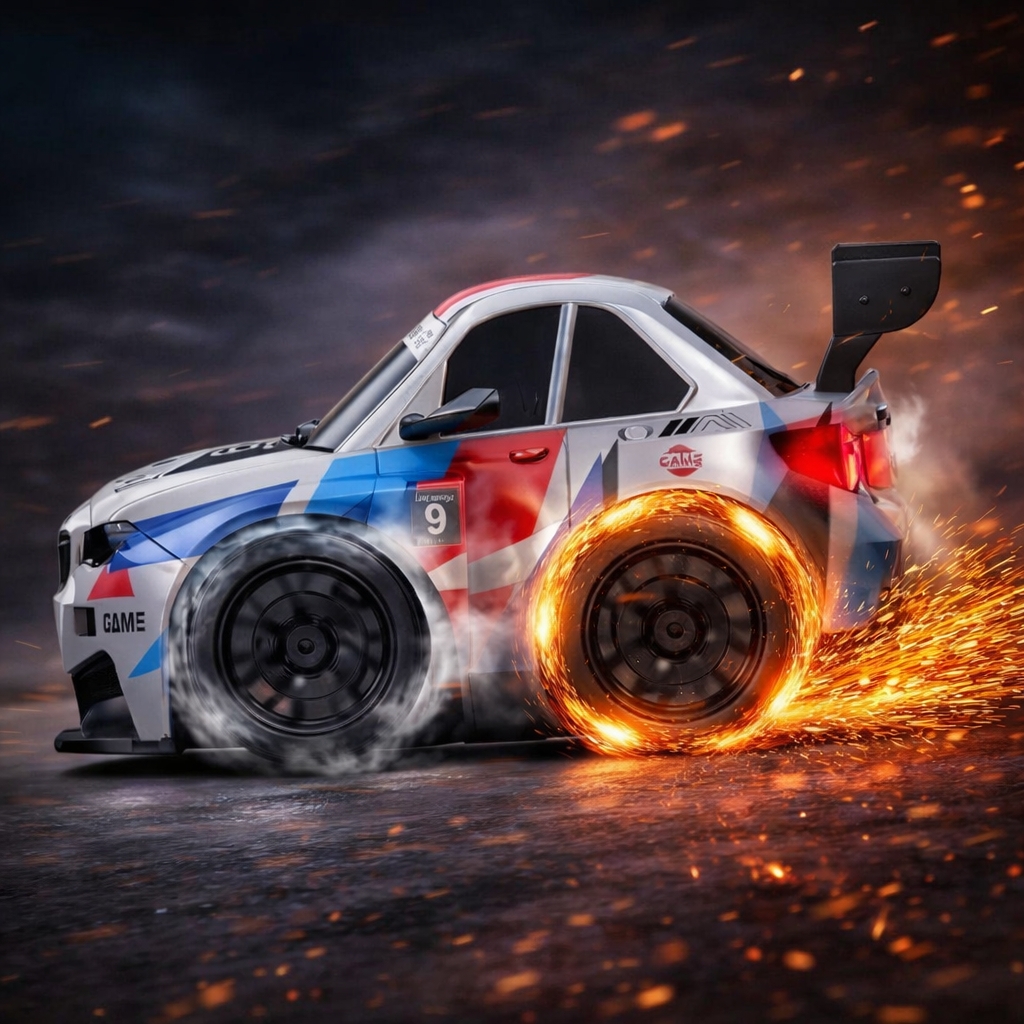 High-Speed RC Drift Car with Spark Effect | Short Axis 2.4GHz Remote Control Racing Toy with LED Lights & Replaceable Drift Tyres for Kids & Adults