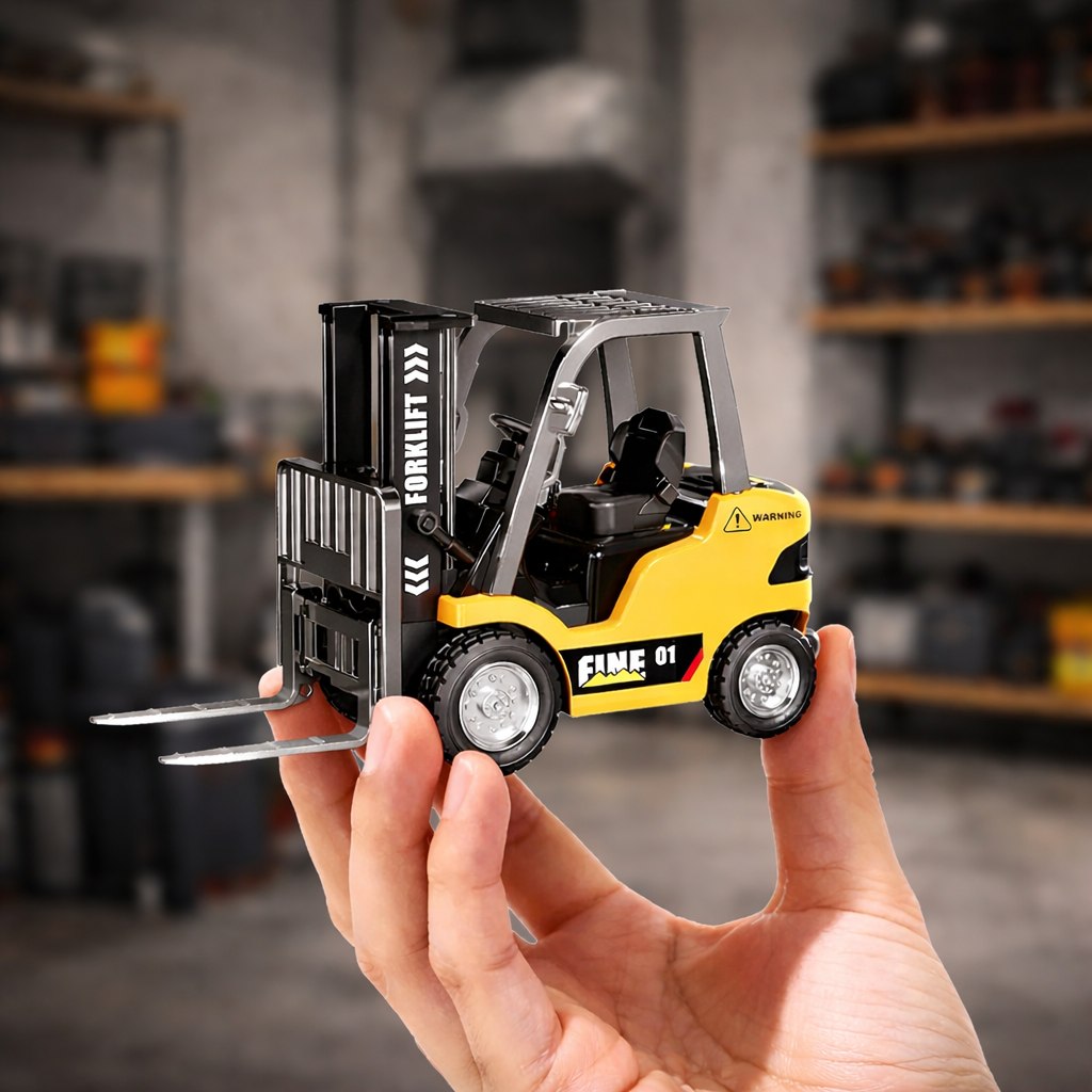 1:64 Scale Mini RC forklift| Alloy Bucket | 270° Rotation | App Control | Lights & Sound